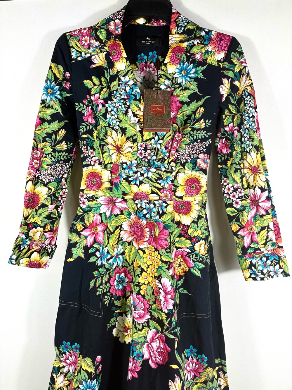 Etro Floral Print Long Sleeve Midi Dress Black US 0 IT 36 NWT Cotton - Picture 10 of 16